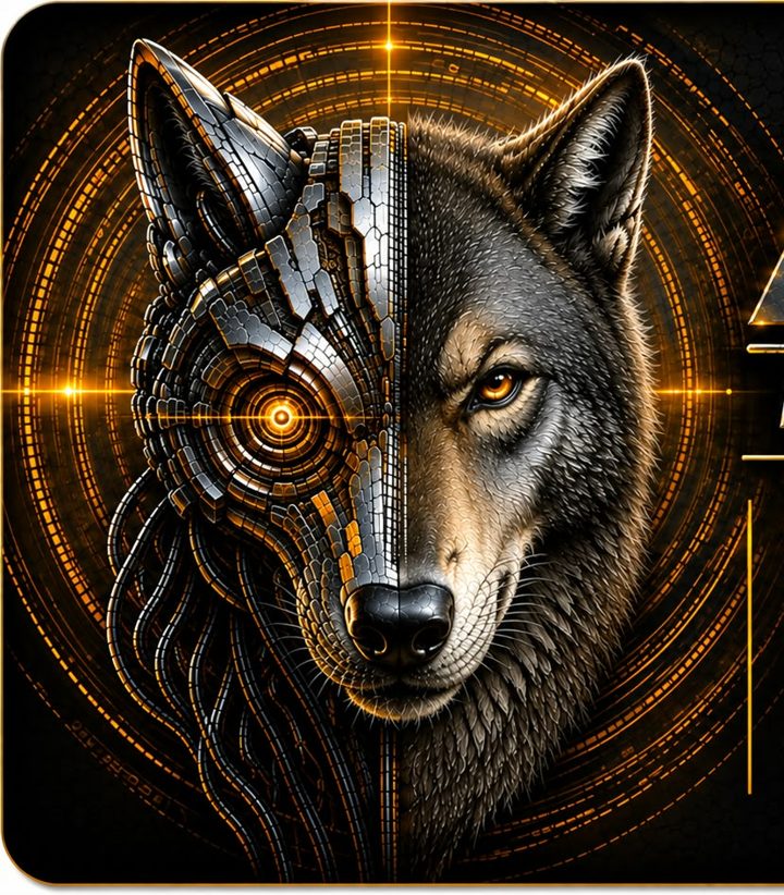 Apex wolf emblem: one half an armored robotic face with a glowing amber eye, the other half a real wolf